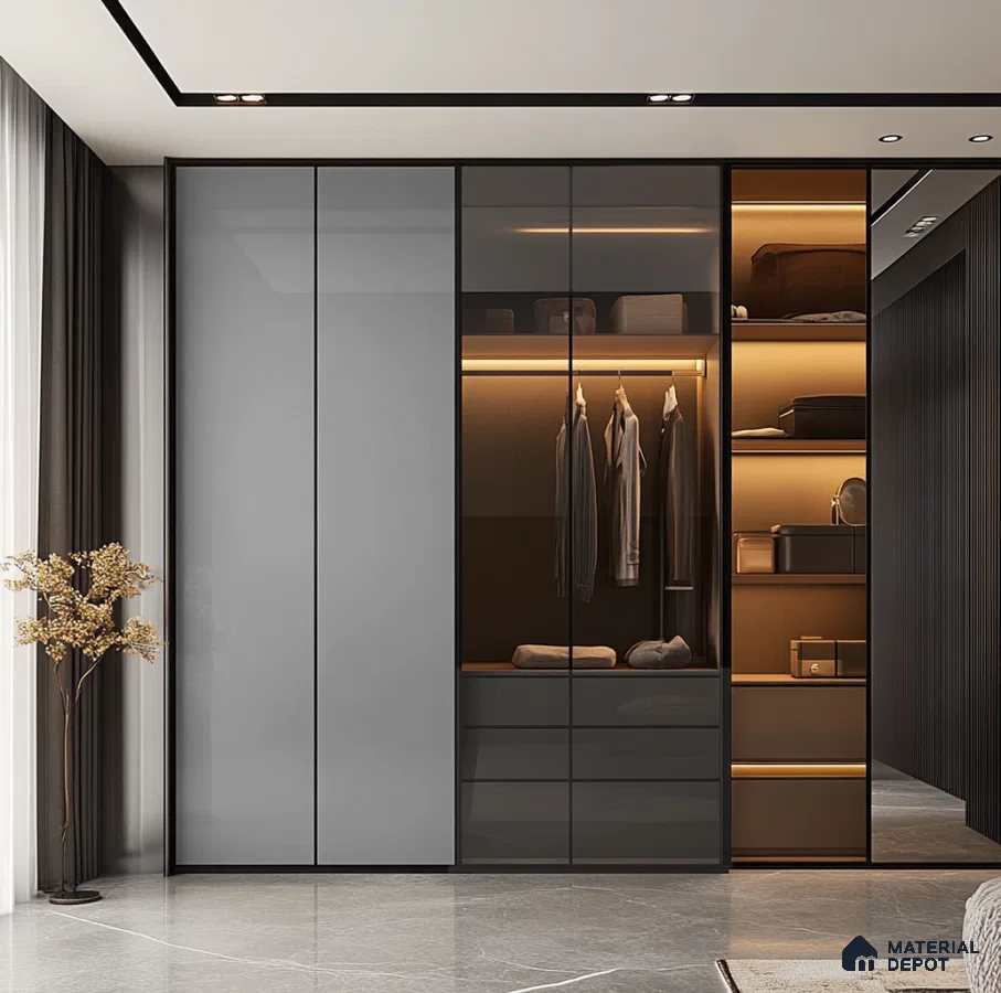 Modern Sliding Wardrobe with Grey Laminate and Glass Panels in Master Bedroom | Material Depot