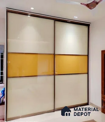 Modern sliding wardrobe with frosty white and mustard yellow high gloss laminate panels | Material Depot