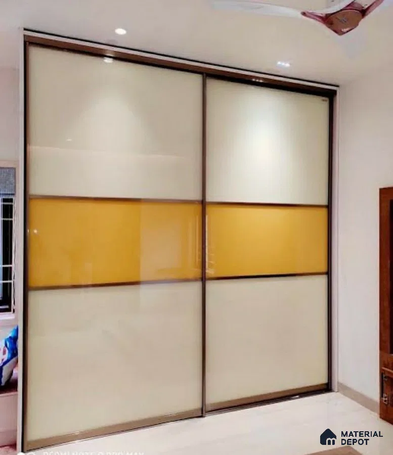 Modern sliding wardrobe with frosty white and mustard yellow high gloss laminate panels | Material Depot