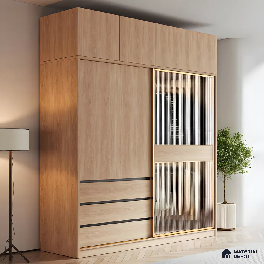 Modern Sliding Wardrobe with Glass Accent | Material Depot