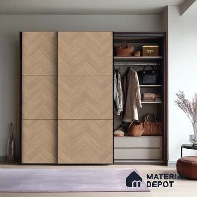 Minimalist Bedroom with Glossy Chevron Wood Laminate Wardrobe and Long Black Handles | Material Depot