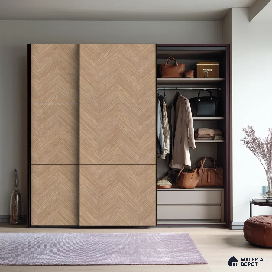 Minimalist Bedroom with Glossy Chevron Wood Laminate Wardrobe and Long Black Handles | Material Depot