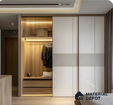 Modern Sliding Wardrobe With White Gloss Doors, Wood Interior, And Grey Accent Panel | Material Depot