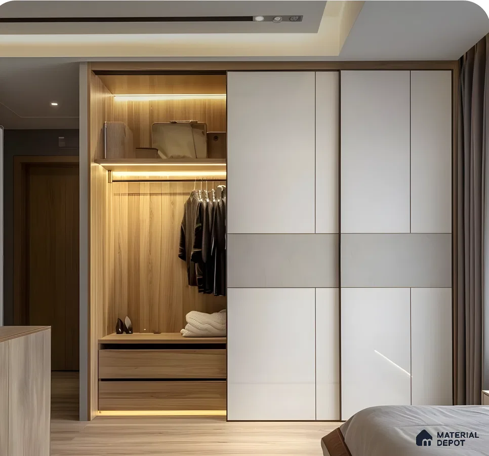Modern Sliding Wardrobe With White Gloss Doors, Wood Interior, And Grey Accent Panel | Material Depot