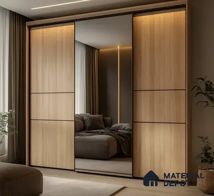 Modern Sliding Wooden Laminate Wardrobe with Mirror Panel for Elegant Bedroom | Material Depot