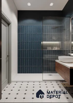 Modern Sophistication: A Bathroom Highlighting Deep Blue Tiles and Crisp White Accents | Material Depot