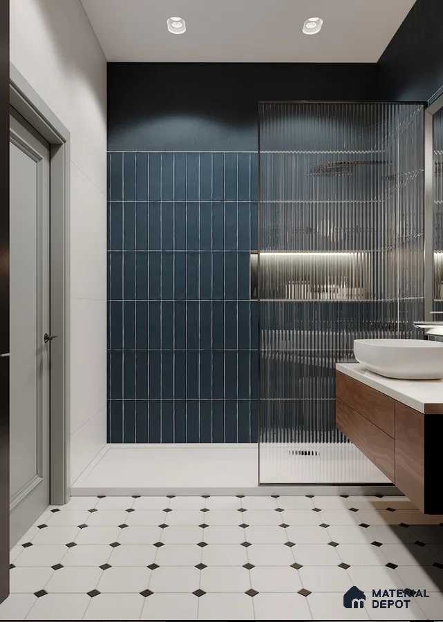Modern Sophistication: A Bathroom Highlighting Deep Blue Tiles and Crisp White Accents | Material Depot