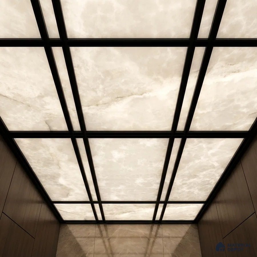 Modern space with backlit alabaster ceiling panels and walnut wood wall cladding