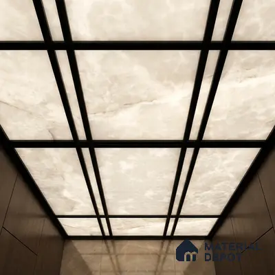 Modern space with backlit alabaster ceiling panels and walnut wood wall cladding