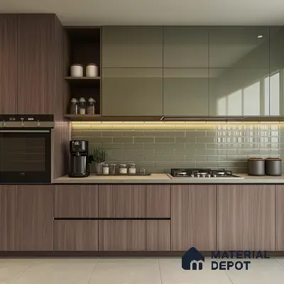 Contemporary Matte Wood and Glossy Green Modular Kitchen | Material Depot