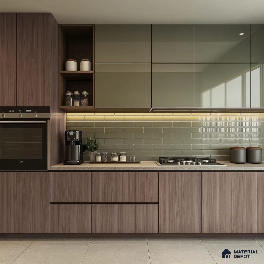 Contemporary Matte Wood and Glossy Green Modular Kitchen | Material Depot