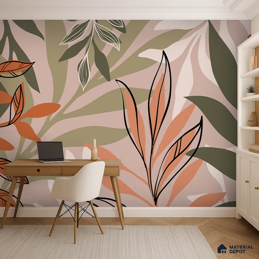 Modern study room with abstract floral wallpaper and light wood desk in Bengaluru