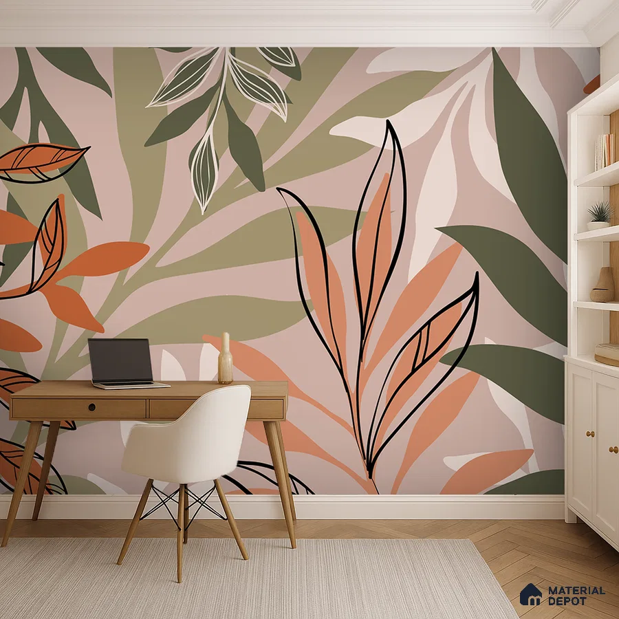 Modern study room with abstract floral wallpaper and light wood desk in Bengaluru