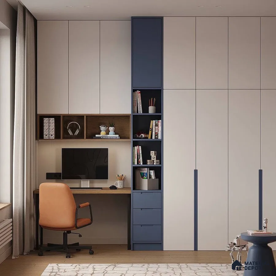Modern study room with frosty white and navy blue laminate wardrobe, oak wood study desk, and open shelving | Material Depot