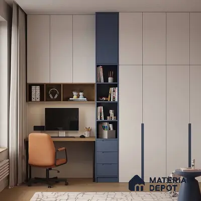 Modern study room with frosty white and navy blue laminate wardrobe, oak wood study desk, and open shelving | Material Depot