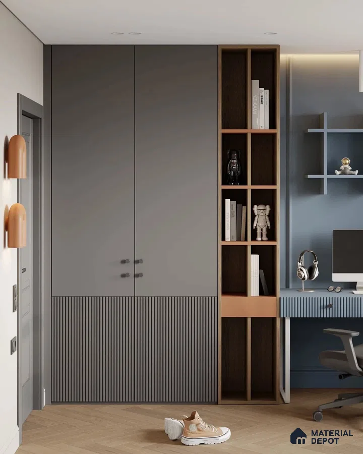 Modern study room with grey matte and fluted laminates, open wood shelving, and blue accent wall | Material Depot