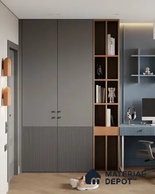 Modern study room with grey matte and fluted laminates, open wood shelving, and blue accent wall | Material Depot