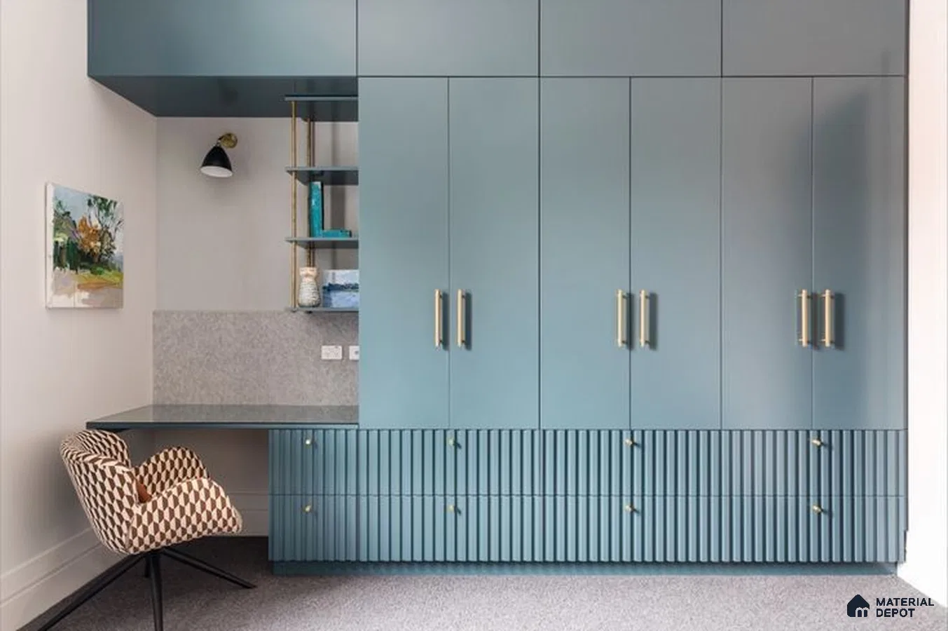 Modern study room with matte teal solid color laminate wardrobe and fluted laminate drawers | Material Depot