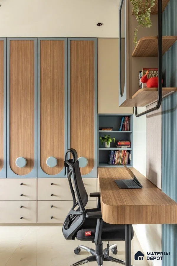 Modern study room with oak wood laminate, pastel blue accents, and built-in storage | Material Depot