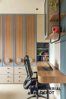 Modern study room with oak wood laminate, pastel blue accents, and built-in storage | Material Depot