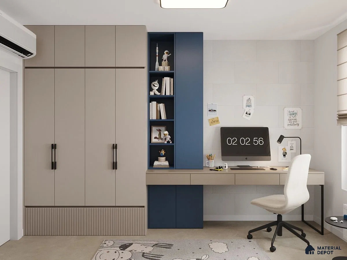 Modern study room with taupe laminate wardrobe, blue laminate shelving, and beige study desk | Material Depot