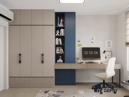 Modern study room with taupe laminate wardrobe, blue laminate shelving, and beige study desk | Material Depot
