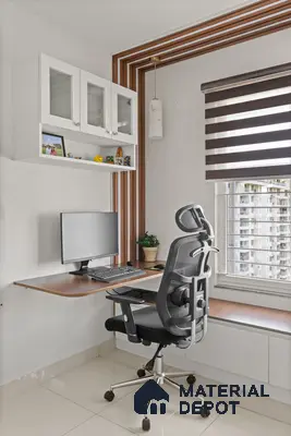 Modern study room with walnut wood laminate desk, white laminate storage, and wooden louver accent of 2 BHK in Purva Palm Beach Hennur Bengaluru | Material Depot