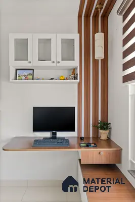 Modern study room with walnut wood laminate desk, white wall cabinets, and vertical wood louver accent of 2 BHK in Purva Palm Beach Hennur Bengaluru | Material Depot