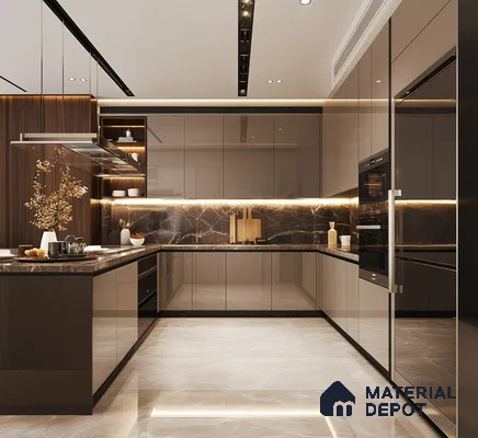Modern Beige Glossy Kitchen with Wooden Dining Table and Pendant Lights | Material Depot