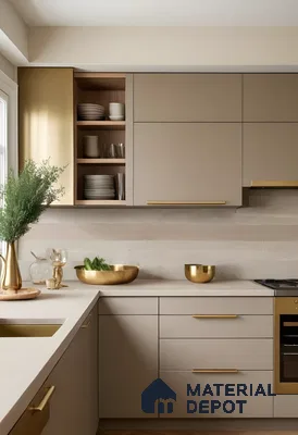 Modern Taupe Kitchen With Matte Cabinets, Brushed Gold Hardware, And Textured Stone Backsplash For A Warm Luxe Look | Material Depot