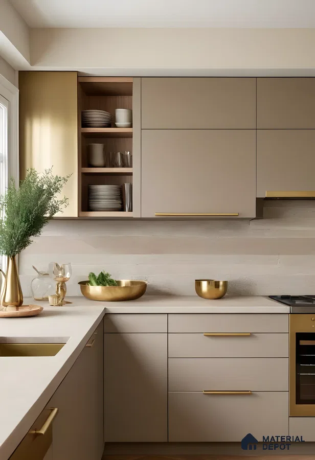 Modern Taupe Kitchen With Matte Cabinets, Brushed Gold Hardware, And Textured Stone Backsplash For A Warm Luxe Look | Material Depot