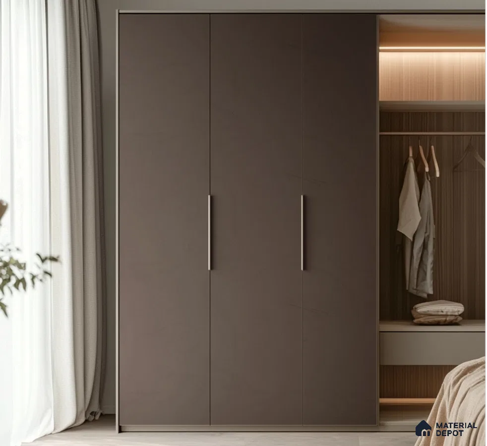 Modern Taupe Matte Wardrobe with Soft Lighting for a Cozy Bedroom | Material Depot