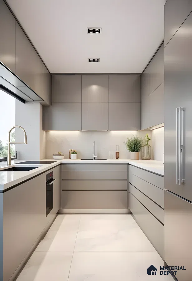 Modern Taupe Modular Kitchen With Seamless Matte Finish | Material Depot