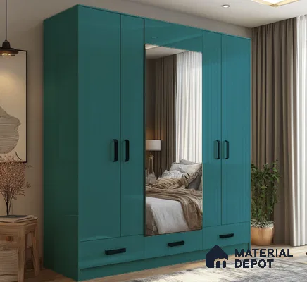 Modern Teal Fluted Acrylic Wardrobe with Mirror Panel and Sleek Handles | Material Depot