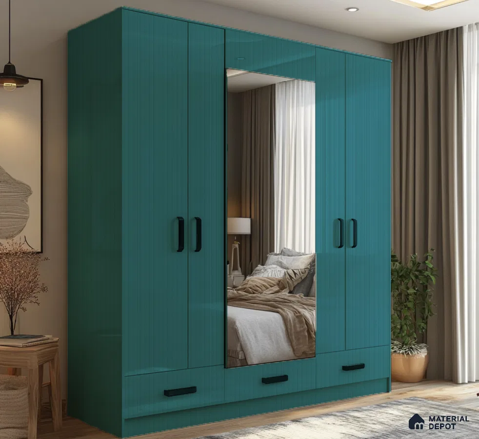 Modern Teal Fluted Acrylic Wardrobe with Mirror Panel and Sleek Handles | Material Depot