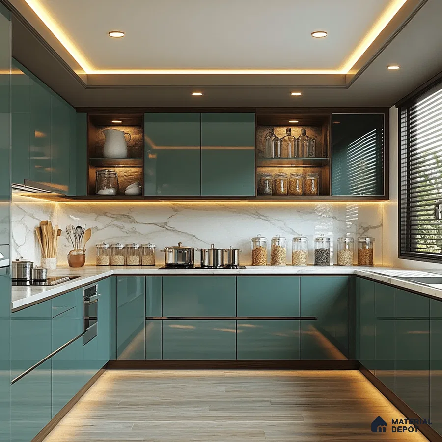 Modern Teal Kitchen Featuring Integrated Lighting and Wooden Accent Shelving | Material Depot