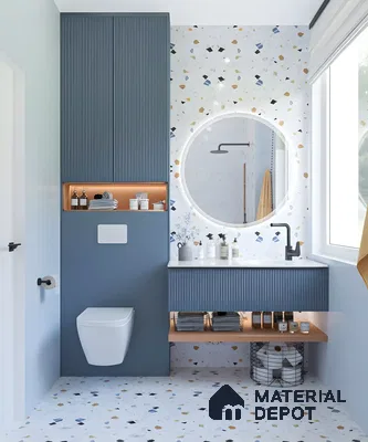 Modern Terrazzo Bathroom with Blue Vanity and Round Mirror | Material Depot