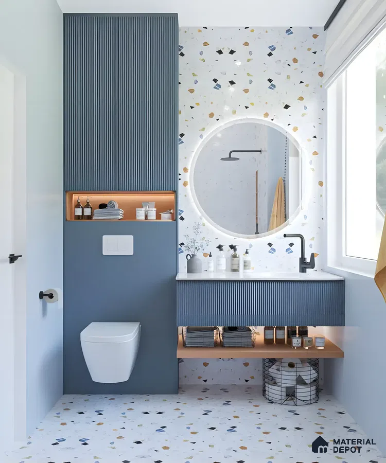 Modern Terrazzo Bathroom with Blue Vanity and Round Mirror | Material Depot