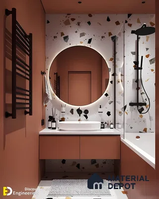 Modern Terrazzo Flair: Peach and Charcoal Accents in a Stylish Bathroom Space | Material Depot