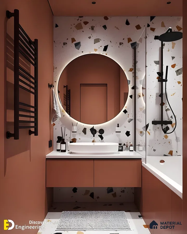 Modern Terrazzo Flair: Peach and Charcoal Accents in a Stylish Bathroom Space | Material Depot