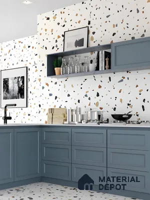 Modern Terrazzo Kitchen With Dusty Blue Cabinets And Matte Black Fixtures | Material Depot