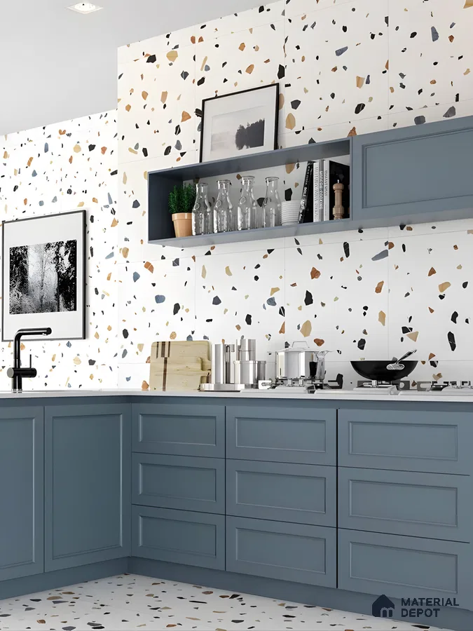 Modern Terrazzo Kitchen With Dusty Blue Cabinets And Matte Black Fixtures | Material Depot