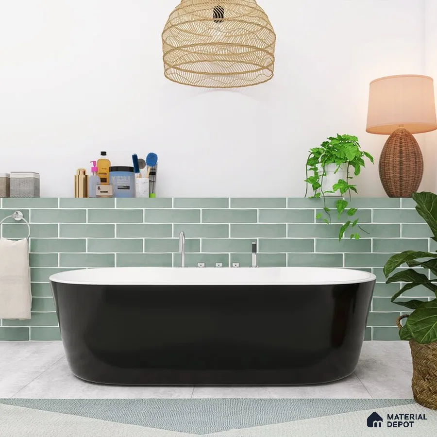 Modern Tranquility Black-White Bathtub with Aquatic Green Accents | Material Depot