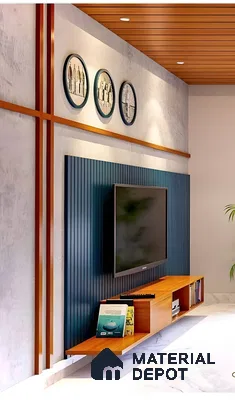Modern Tropical Living Room with Wooden Elements and Blue Panel Accent | Material Depot