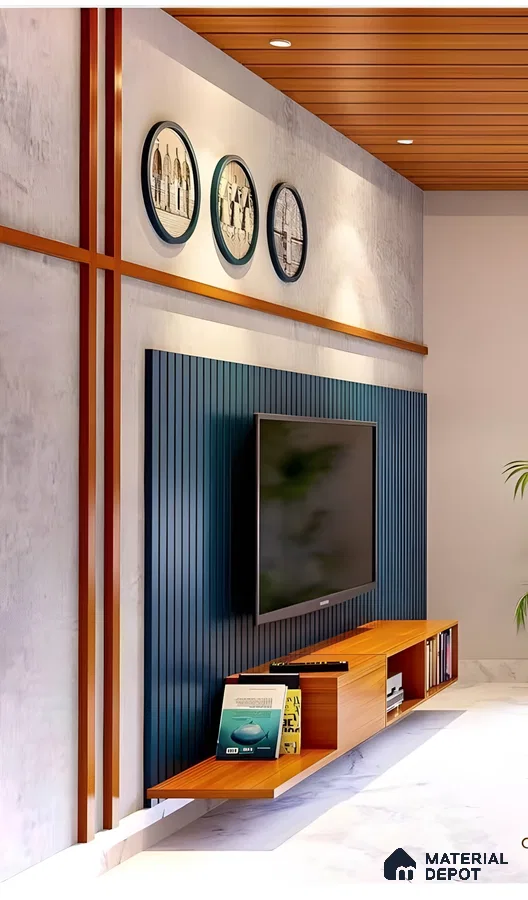Modern Tropical Living Room with Wooden Elements and Blue Panel Accent | Material Depot