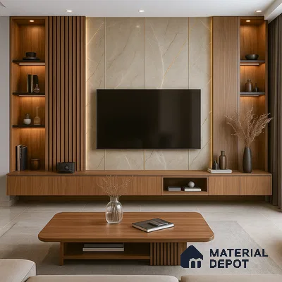 Modern TV Unit with Beige Marble Backdrop Wooden Louvers and Display Shelves in 3 BHK Sobha City Santorini, Thanisandra | Material Depot