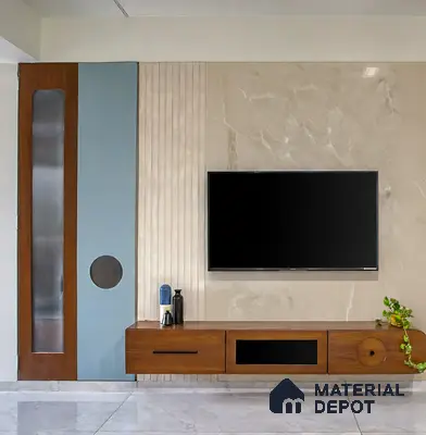Modern TV unit with beige marble laminate wall, walnut wood laminate cabinet, and fluted beige wall panels in Sattva Anugraha Vijayanagar 3 BHK Bengaluru Apartment