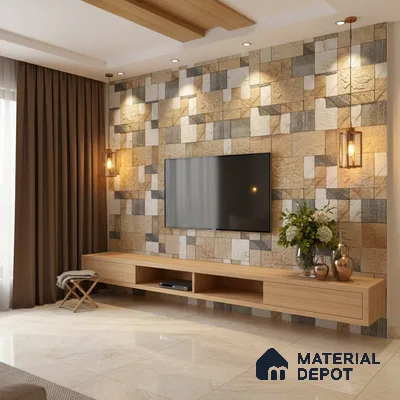 Modern TV unit with beige stone cladding accent wall and light oak laminate floating cabinet in Bengaluru