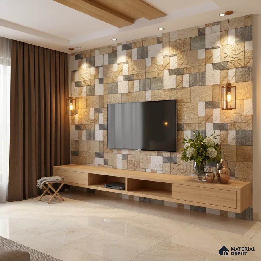 Modern TV unit with beige stone cladding accent wall and light oak laminate floating cabinet in Bengaluru