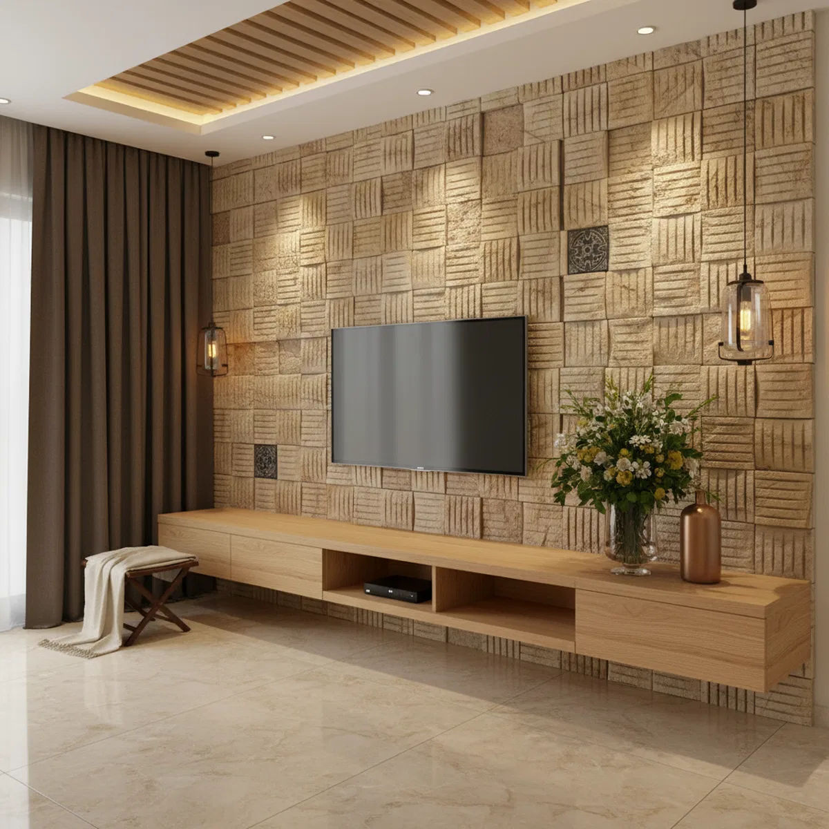Modern TV unit with beige stone cladding accent wall and light oak ...